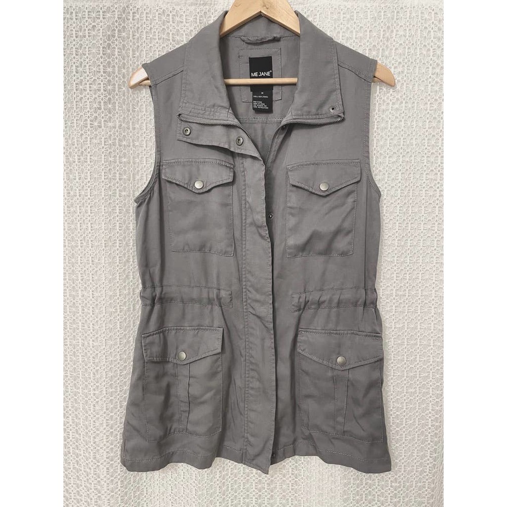 ME JANE - Women's Gray Tencel Fitted Zip Cargo Jacket Vest - M
